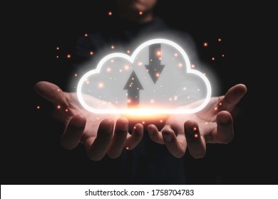 Two Hand Holding And Giving Virtual Cloud Computing. Cloud Is System For Sharing Download Upload Knowledge Technology Information And Big Data.