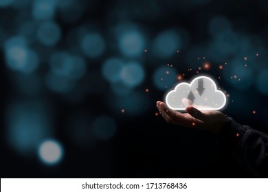 Two hand holding virtual  cloud illustration icon with black background. Cloud technology system is computing sharing management for upload download  transfer electronic information and application.