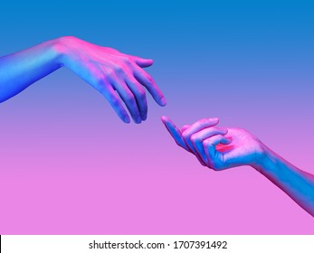 Two hand in a pop art collage style in neon bold colors. Modern psychedelic creative element with human palm for posters, banners, wallpaper. Copy space for text. Magazine style. Zine culture.