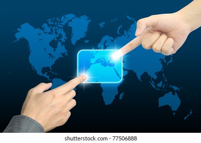 two hand pushing a button on a touch screen interface