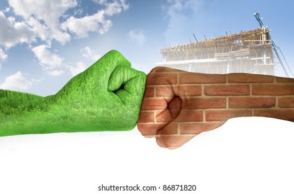 Two hands against each other. Green hand with grass and brick wall hand. Confrontation environment against construction industry. Ecology