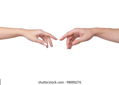  Two Hands Apart, Reaching Touching Each Other. Man And Woman