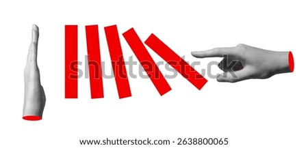 Two hands blocking red domino blocks. Abstract concept of crisis, decision, protection, risk prevention, safety, and insurance. Modern metaphor of defense, control, and rescue isolated on white
