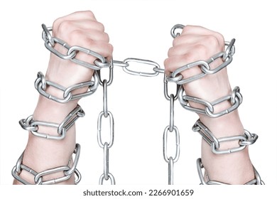 Two Hands in chain shackles on white background isolated 