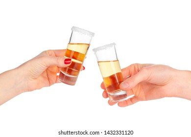 Two hands clinking glasses with shot cocktail isolated on white - Powered by Shutterstock