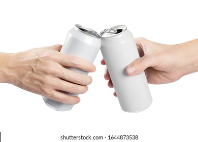 Two hands clinking white aluminium beer cans, isolated on white background