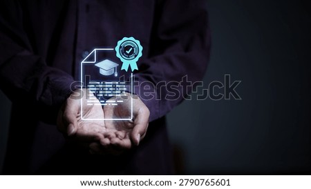 Two hands cupping glowing digital diploma certificate with graduation cap and certified badge seal on dark background, representing academic achievement, e-learning credential, and education certification concept.