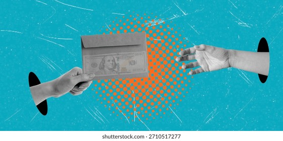 Two hands are exchanging an envelope containing cash through circular openings. The background is bright blue with a dotted pattern.