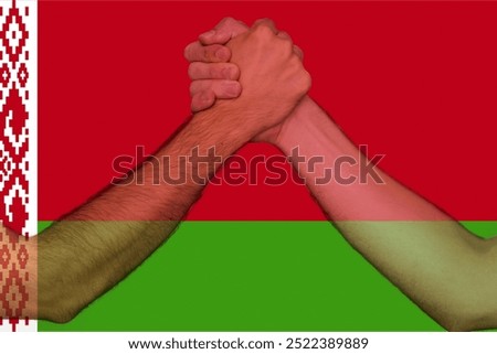 Two hands gathering front of Belarus flag, help or support for Belarus, union of society, human rights, togetherness and solidarity concept