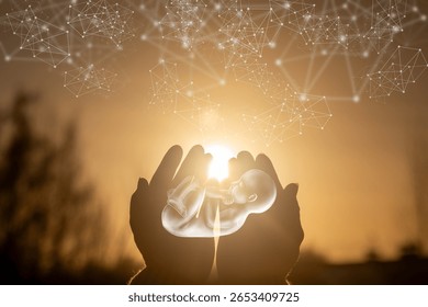 Two hands gently support a glowing outline of an embryo, set against a vibrant sunset with interconnecting networks of light in the background, symbolizing life and connectivity.