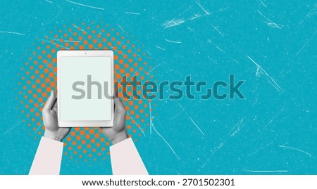 Two hands grasp a blank tablet screen, set against a bright blue background with orange dots. This scene highlights the role of technology in modern communication.