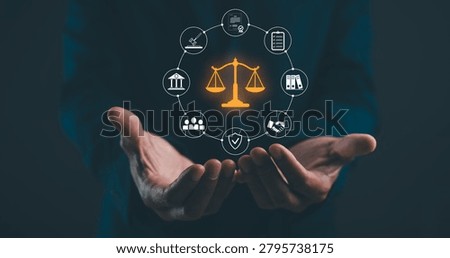 Two hands hold a glowing scale of justice icon surrounded by law-related symbols connected in a circular network on a dark background.