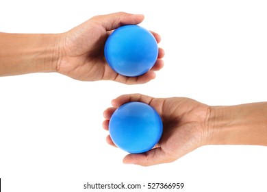 It Is Two Hands Hold Stress Ball Isolated On White.