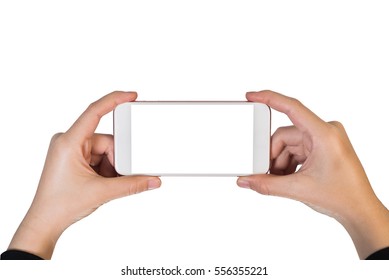 Two Hands Holding Big Screen Smart Phone On Isolate Background