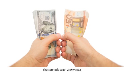 Two Hands Holding Dollars And Euros Isolated Pov