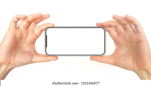 Two Hands Holding Mobile Phone With White Screen