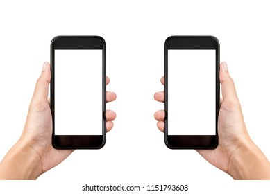 Two Hands Holding Mobile Phones On White Background With Empty Screens For Montage