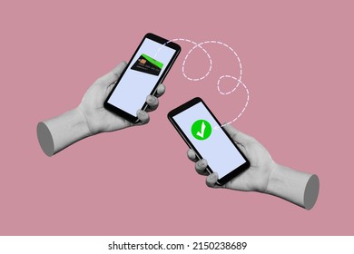 Two hands holding mobile phones transferring funds between accounts isolated on a pink background. Money transfer using an electronic wallet. 3d trendy collage. Contemporary art. Modern design - Shutterstock ID 2150238689