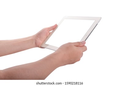 Two Hands Holding On Tablet Pc Isolated On White Background