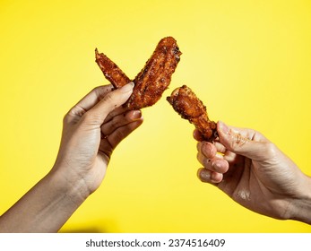 Two hands are holding pieces of grilled chicken wings isolated against a yellow background. - Powered by Shutterstock