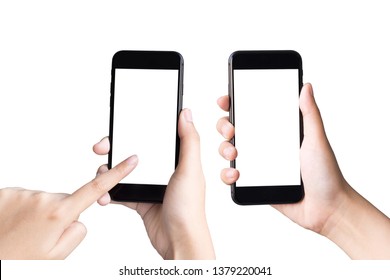 Two Hands Holding And Playing Smart Phones On White Background With Clipping Path