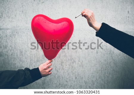 Similar – roter Herzluftballon wird mit einer Zigarette zerstört