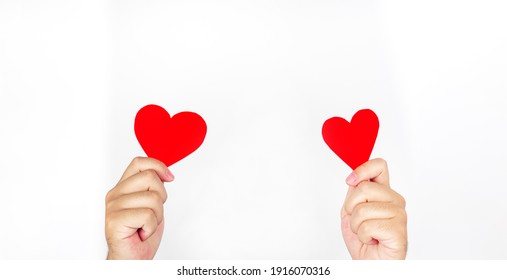 Two Hands Holding Red Paper, Heart-shaped, White Background
