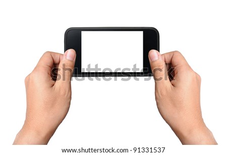 Two hands holding smart phone, playing games, clipping path