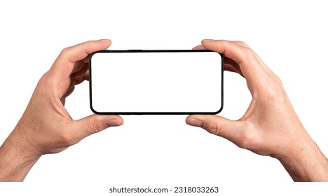 Two hands holding smartphone, blank screen mockup frame, isolated on white background. - Shutterstock ID 2318033263