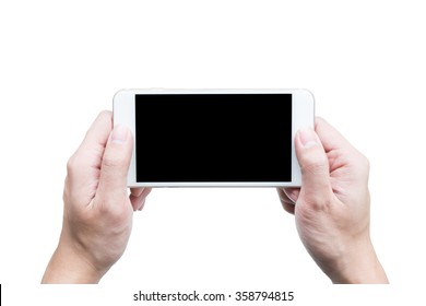 Two Hands Holding Smartphone In Landscape View Position.