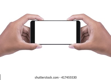 Two Hands Holding Smartphone On White Background