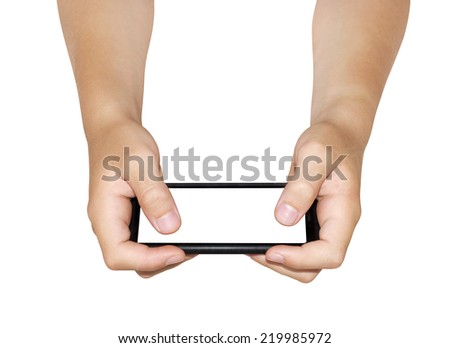 Two hands holding smartphone, reverse view,  isolated