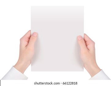 Two Hands Are Holding Up A White Piece Of Paper On An Isolated Background.