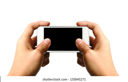 Two Hands Holding White Smart Phone, Playing Games, Clipping Path