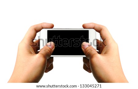 Two hands holding white smart phone, playing games, clipping path