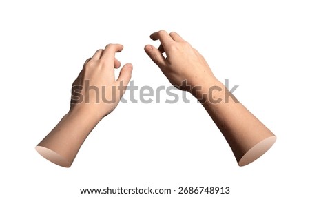Two hands interacting with abstract virtual interface, fingers slightly extended and outstretched. Isolated on white background.