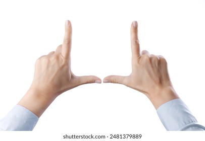 Two hands make frame shape. Woman hands gesturing isolated on white background