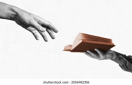Two hands and open book. Learning, craving for new knowledge. Education concept. Black and white. - Shutterstock ID 2056982306