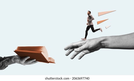Two Hands, Open Book And Runner. Art Collage. Learning, Craving For New Knowledge. Education Concept. 