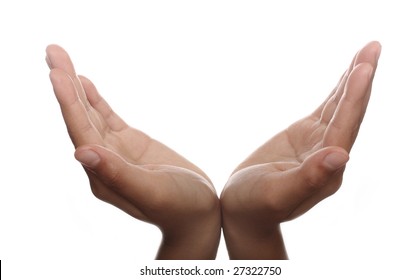 Two Hands Open In Prayer Against White Background