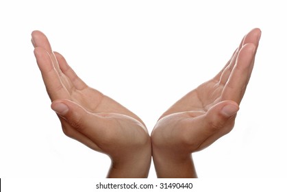 Two Hands Open In Prayer Against White Background