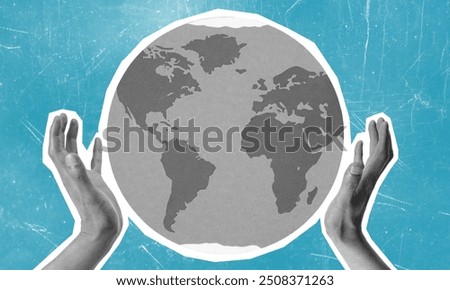 Two hands are positioned beneath a gray globe, symbolizing care for the Earth. The continents are visible, set against a calming blue backdrop, emphasizing unity and responsibility.