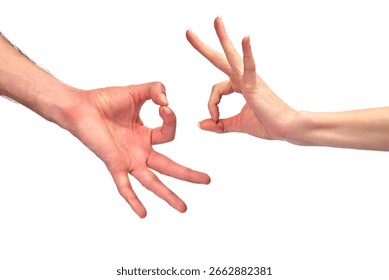 Two hands are positioned to create gestures, showcasing a visual expression of communication. The simple backdrop emphasizes the focus on the hands and their interactions.
