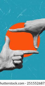 Two hands are positioned to form a frame around a bold orange circle set against a textured blue background, symbolizing creativity and artistic expression. Cover for cell phone, format 9:16