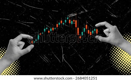 Two hands are positioned on either side of a stock market chart with red and green candlesticks. The chart shows price changes, emphasizing market trends and trading activity.