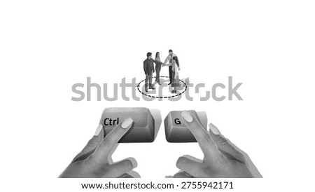 Two hands pressing control G key grouping people standing together in circle in minimal monochrome scene. Concept of support system, group therapy, emotional connection and mental wellbeing.