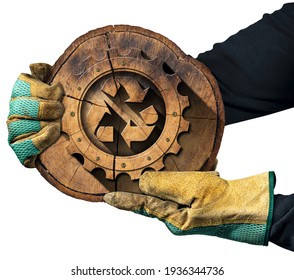 Two hands with protective work gloves showing a recycling symbol made of a wooden tree trunk with a cogwheel. Sustainable Resources concept. Isolated on white background. - Shutterstock ID 1936344736