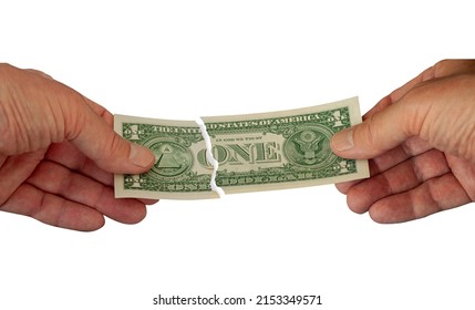 Two Hands Pull In A One Dollar Bill Banknote So It Breaks. Isolated On White Background. Dollar Broken, People Fighting Over Money And Financial Conflict Concept.