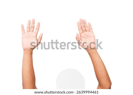Two hands raised in a gesture of surrender or worship on a white background