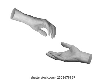 Two hands reaching to each other for love, unity, help, isolated on white background.